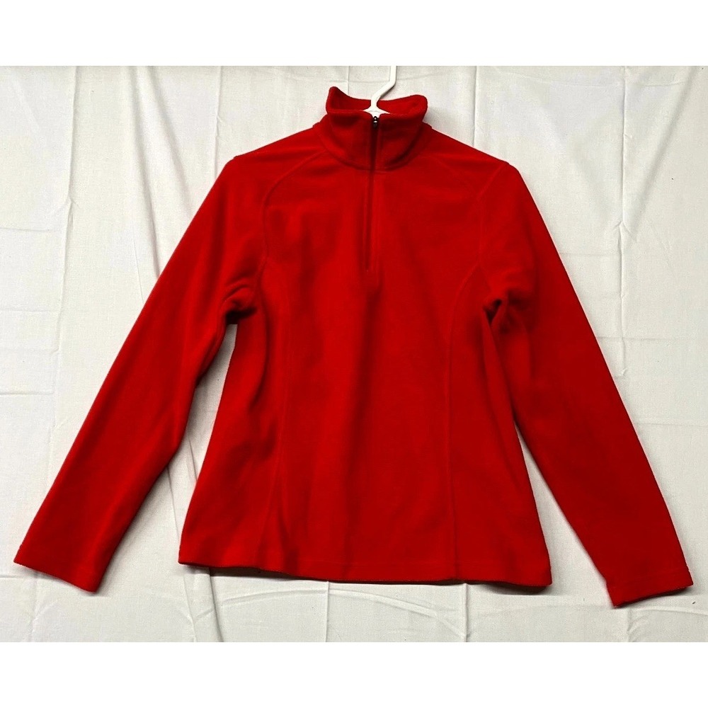 Lands' End Fleece Jacket Women Small 6-8 Red Mock Neck Raglan Sleeve Quarter Zip